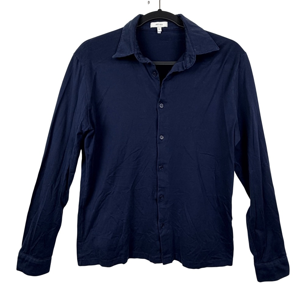 REISS Men's Medium Navy Blue Long Sleeve Jersey Button Down Shirt
